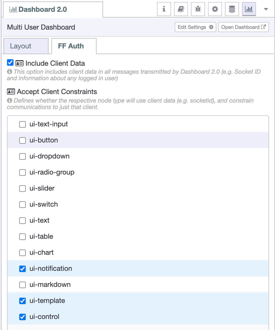 The new 'FF Auth' options available in Node-RED to allow for client constraints The new 'FF Auth' options available in Node-RED to allow for client constraints