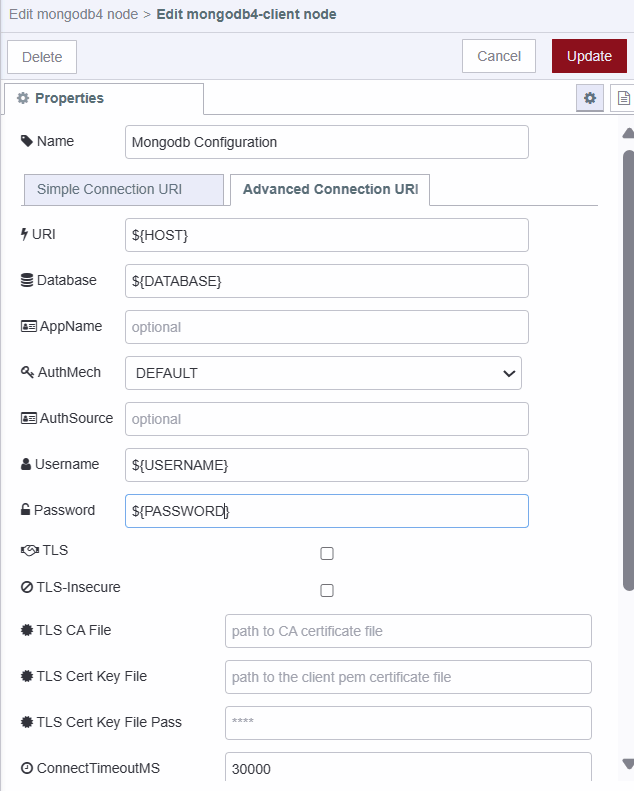 Screenshot displaying connection configuration of MongoDB 4 node. "Screenshot displaying connection configuration of MongoDB 4 node."